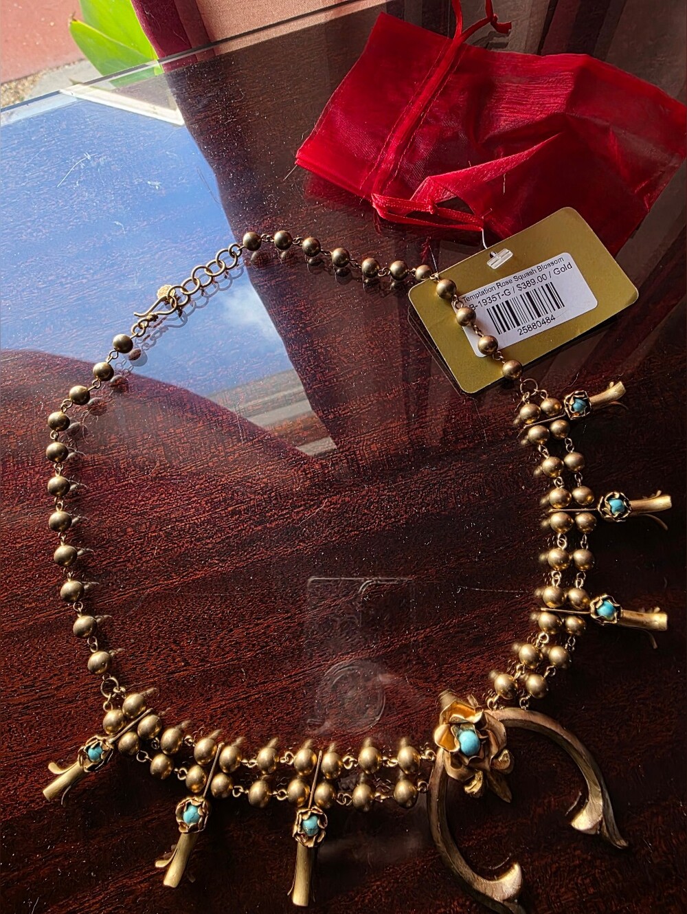 NWT Rodeo Quincy Barbosa Western Gold-Tone Faux Turquoise Squash Blossom